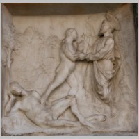 Bergamo, Cappella Colleoni, Reliefs der Sockelzone, Szenen aus dem Buch Genesis, links. Erschaffung Evas aus der Rippe Adams, Foto Giorces, Wikipedia.jpg